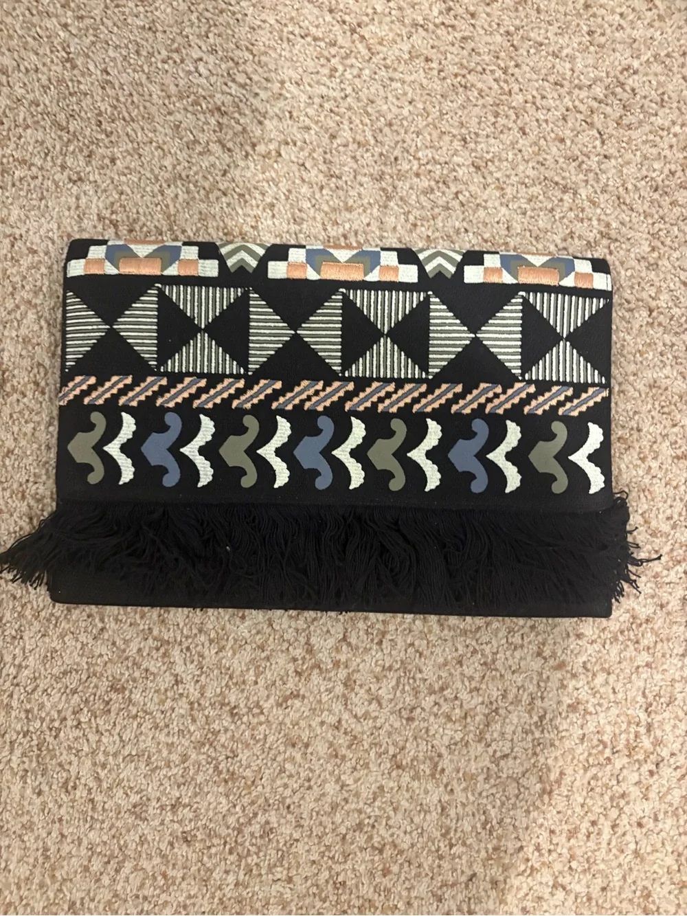 Stella & Dot Black Embroidered Fringe Clutch with Multicolor Accents